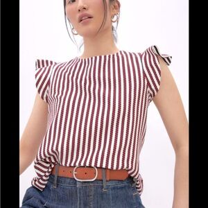Eva Franco shirt - “Ruffled Jaquard” white/red/blue striped flutter sleeve